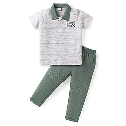 Babyhug Single Jersey Knit Half Sleeves Polo T-Shirt & Lounge Pant With Text Print - White & Olive Green