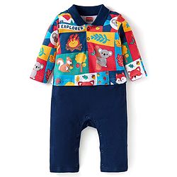 Babyhug Interlock Knit Full Sleeves Romper With Animal Print - Navy Blue
