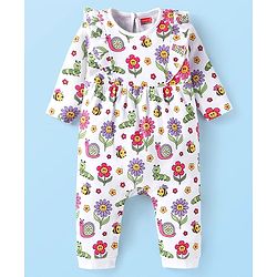 Babyhug 100 % Cotton Knit Full Sleeves Romper with Floral Print & Frill Detailing - White