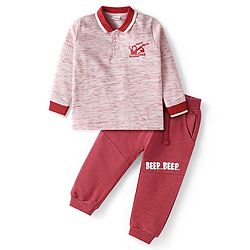 Babyhug Single Jersey Knit Full Sleeves Collared T-Shirt & Cut & Sew Joggers - Red & White