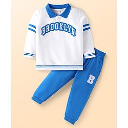 Babyhug Terry Knit Full Sleeves T-Shirt & Joggers Set with Text Patch Detailing - Blue & White