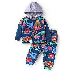 Babyhug Terry Knit Full Sleeves Hooded T-Shirt and Lounge Pant with Sport Theme Print - Navy Blue