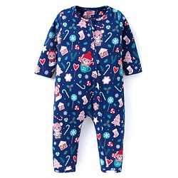 Babyhug 100% Cotton Knit Full Sleeves Front Open Romper with Christmas Theme Print - Navy Blue