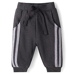 Babyhug Terry Knit Full Sleeves T-Shirt & Lounge Pant Set With Bear Patch & Text Embroidery - Grey & Black