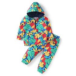 Babyhug Terry Knit Full Sleeves Hooded Sweatshirt & Joggers Set with Tropical Print - Sea Green & Blue