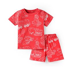 Babyhug Cotton Knit Single Jersey Half Sleeves Night Suit With Construction Vehicle Print - Red