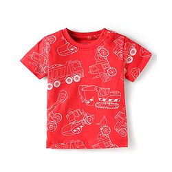 Babyhug Cotton Knit Single Jersey Half Sleeves Night Suit With Construction Vehicle Print - Red