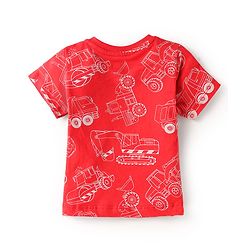 Babyhug Cotton Knit Single Jersey Half Sleeves Night Suit With Construction Vehicle Print - Red