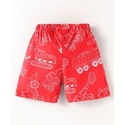Babyhug Cotton Knit Single Jersey Half Sleeves Night Suit With Construction Vehicle Print - Red