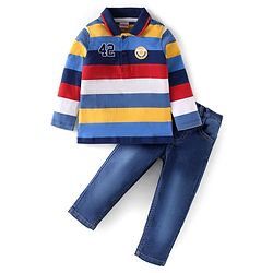Babyhug Terry Knit Full Sleeves Striped Polo T-Shirt & Solid Denim Jeans Set - Blue