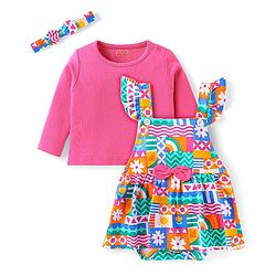 Babyhug 100 % Cotton Knit Full Sleeves Solid Colour T-Shirt & Floral Printed Frock Style Onesie with Headband - Dark Pink