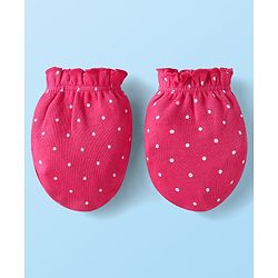 Babyhug Interlock Knit Polka Dot Printed Onesie & Full Sleeves Top With Mittens Booties & Hairband - Dark Pink