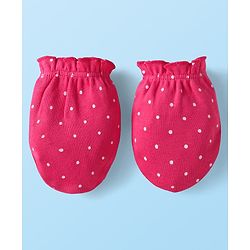 Babyhug Interlock Knit Polka Dot Printed Onesie & Full Sleeves Top With Mittens Booties & Hairband - Dark Pink