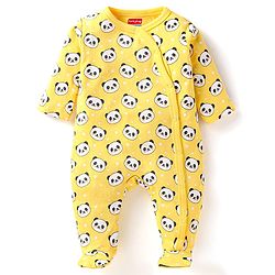 Babyhug Cotton Knit Full Sleeves Front Open Footed Sleep Suit with Panda  Print - Yellow
