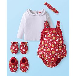 Babyhug Interlock Knit Floral Printed Onesie & Full Sleeves Top With Mittens Booties & Hairband - Red