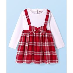 Babyhug Woven Full Sleeves Checkered Frock with Bow Applique - Red