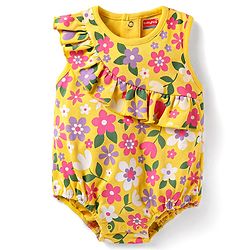 Babyhug Interlock Knit Sleeveless Onesie With Floral Print - Yellow