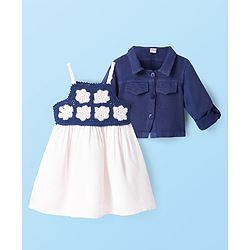 Babyhug Woven Full Sleeves Solid Color Jacket & Frock with Floral Crochet - Navy Blue & White