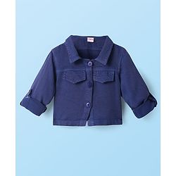 Babyhug Woven Full Sleeves Solid Color Jacket & Frock with Floral Crochet - Navy Blue & White