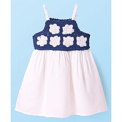 Babyhug Woven Full Sleeves Solid Color Jacket & Frock with Floral Crochet - Navy Blue & White