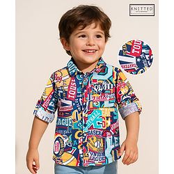 Babyhug Cotton Knit Full Sleeves Varsity Printed Shirt - Navy