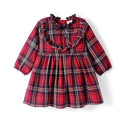 Babyhug Woven Full Peasant Sleeves Checkered Frock with Frill Detailing - Red
