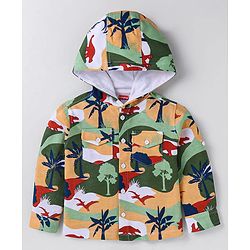 Babyhug Cotton Knit Full Sleeves Hooded Shirt With Dinosaurs Print - Peach & Green
