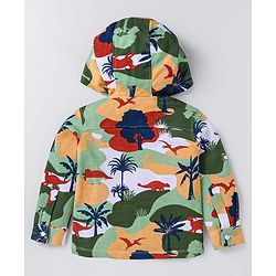 Babyhug Cotton Knit Full Sleeves Hooded Shirt With Dinosaurs Print - Peach & Green