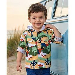 Babyhug Cotton Knit Full Sleeves Hooded Shirt With Dinosaurs Print - Peach & Green