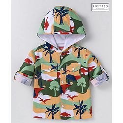 Babyhug Cotton Knit Full Sleeves Hooded Shirt With Dinosaurs Print - Peach & Green