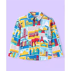 Babyhug Cotton Knit Full Sleeves Shirt With Capital Cities Print - Blue