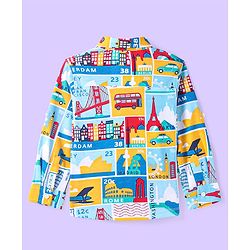 Babyhug Cotton Knit Full Sleeves Shirt With Capital Cities Print - Blue