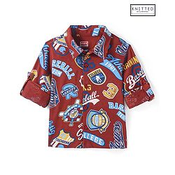 Babyhug Cotton Knit Full Sleeves Shirt With Varsity Print - Wine