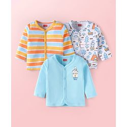 Babyhug 100% Cotton Knit Full Sleeves Front Open Vests with Jungle Theme Print & Stripes Pack of 3 - Light Blue White & Yellow