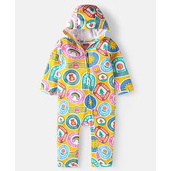 Babyhug 100% Cotton Knit Full Sleeves Hooded Romper with Text & Bear Print - Yellow Blue & Pink