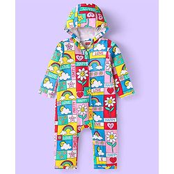 Babyhug 100% Cotton Knit Full Sleeves Hooded Romper with Text & Bear Print - Yellow Blue & Red