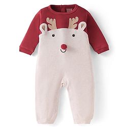 Babyhug 100% Cotton Interlock Knit Full Sleeves Romper with Raindeer Print & Applique - Dark Red & Beige