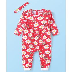 Babyhug 100% Cotton Knit Full Sleeves Floral Printed Romper with Hairband & Frill Detailing - Red