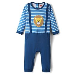Babyhug 100% Cotton Interlock Knit Full Length Romper with Stripe & Lion Patch - Blue