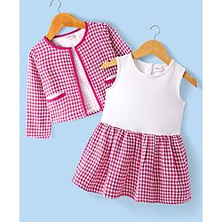 Babyhug Woven Checkered Frock & Full Sleeves Jacket - Dark Pink