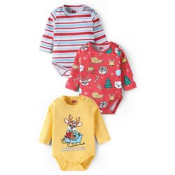 Babyhug 100% Cotton Knit Full Sleeves Onesies with Christmas Theme Print Pack of 3 - Red & Yellow