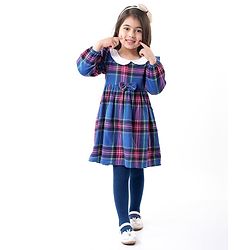 Babyhug Woven Full Sleeves Checkered Frock With Bow Applique & Stockings - Navy Blue
