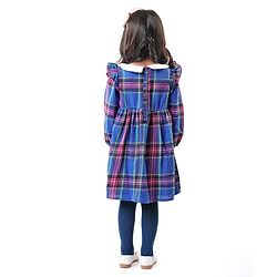 Babyhug Woven Full Sleeves Checkered Frock With Bow Applique & Stockings - Navy Blue