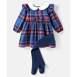 Babyhug Woven Full Sleeves Checkered Frock With Bow Applique & Stockings - Navy Blue