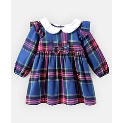 Babyhug Woven Full Sleeves Checkered Frock With Bow Applique & Stockings - Navy Blue