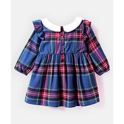 Babyhug Woven Full Sleeves Checkered Frock With Bow Applique & Stockings - Navy Blue