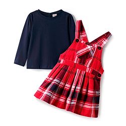 Babyhug Woven Full Sleeves Solid Top with Checkered Frock   - Navy Blue & Red