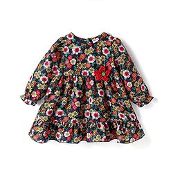 Babyhug Woven Full Sleeves Floral Printed Frock with Headband & Floral Applique - Navy Blue