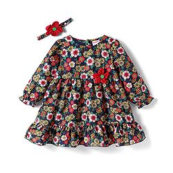 Babyhug Woven Full Sleeves Floral Printed Frock with Headband & Floral Applique - Navy Blue