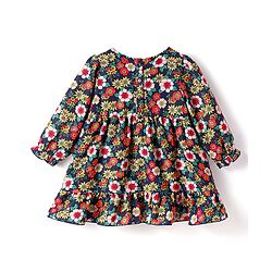 Babyhug Woven Full Sleeves Floral Printed Frock with Headband & Floral Applique - Navy Blue